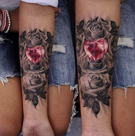tattoos/ - Heart Diamond and Roses Tattoo - 115399